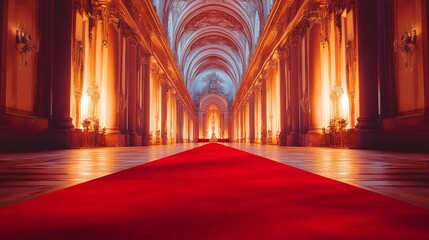 Obraz premium Red Carpet Stretching Through a Grand, Luxuriously Lit Hall, Creating a Glamorous Pathway for an Exclusive Ceremony