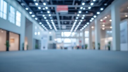 Spacious Exhibition Hall with Blurred Signage and Modern Architectural Details, Awaiting Event Commencement