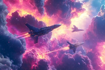 Naklejka premium Amazing space scene with futuristic fighter jets soaring through colorful clouds. Bright trails and vibrant hues create a stunning cosmic journey. Generative AI