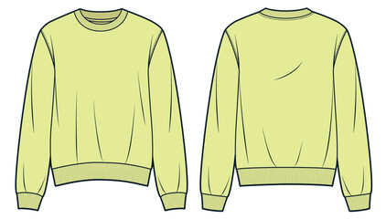 Sweatshirt technical fashion illustration. Sweater fashion flat technical drawing template, relaxed fit, front and back view, white, yellow, women, men, unisex Top CAD mockup. © Liubov Hladka