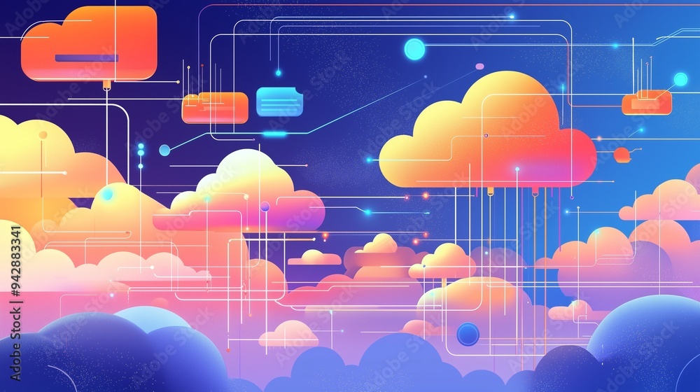 Poster colorful clouds interconnected by lines, symbolizing api cloud infrastructure and data flow.