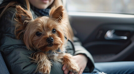 A close-up shot of a child's hand petting a small dog on their lap while they ride in the backseat of a car.