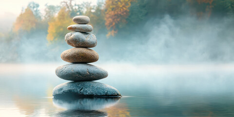 Stack of balanced stones in the misty water, symbolizing tranquility and balance with a soft background of autumn trees and fog.