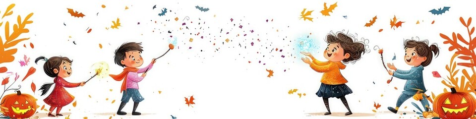 Halloween art vector depicting children casting magic spells, white background.