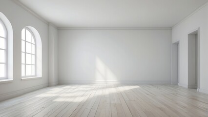 Fototapeta premium Empty White Room with Arched Windows and Wooden Floor