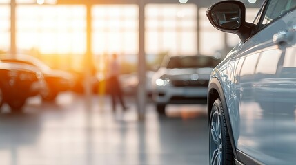 Brightly lit car maintenance facility with blurry cars in the foreground, warm light through large windows, auto shop, soft focus, professional, airy