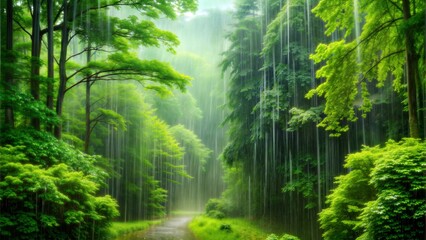 Obraz premium Gentle rain falling on a lush green forest, peaceful weather, nature's tranquility