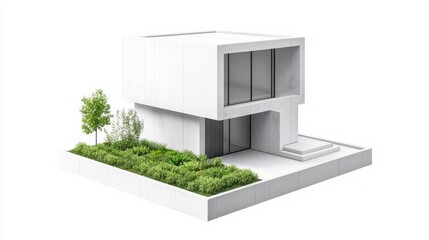 Minimalist 3D house with rooftop herb garden, concrete structure, zen-inspired design, city environment