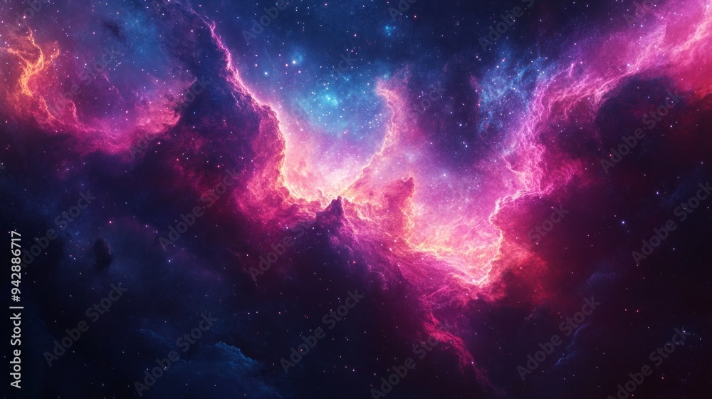 Poster a beautiful and colorful space scene with a purple cloud in the middle