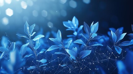Fototapeta premium Translucent plants form lines and triangles point connecting network with polygon ground on Dark blue background. Futuristic Design