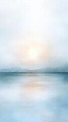 A painting of a lake with a sun in the sky. The sun is reflected in the water, creating a serene and peaceful atmosphere