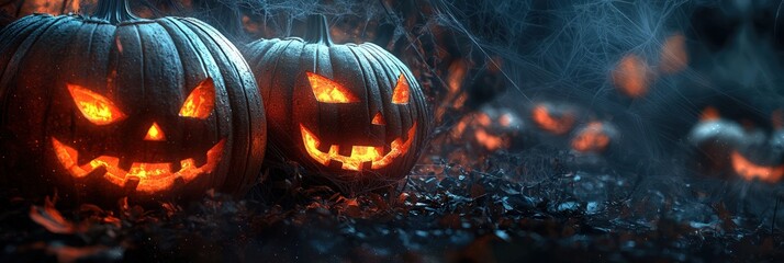 Halloween dark woods scene with mysterious glowing pumpkins creating a spooky effect.