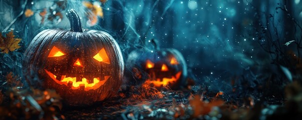 Fototapeta premium Dark Halloween woods illuminated by mysterious glowing pumpkins.