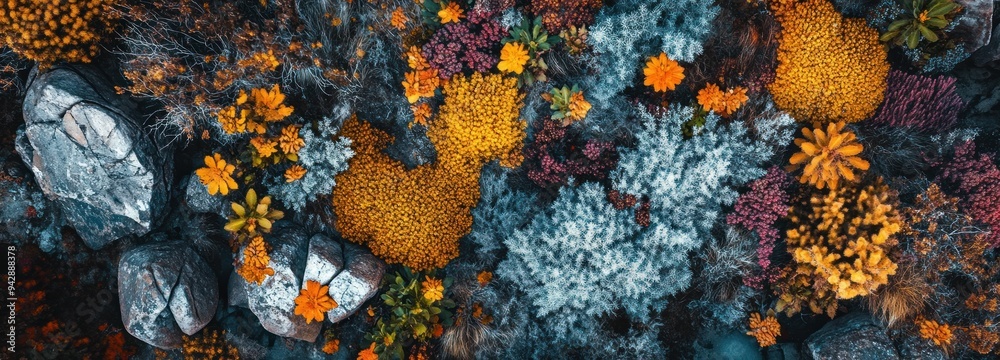 Poster aerial view of colorful foliage and rocks in a forest
