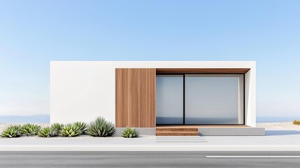 Tiny 3D modern house with rooftop succulents garden, wooden accents, open sky, sustainable minimalism