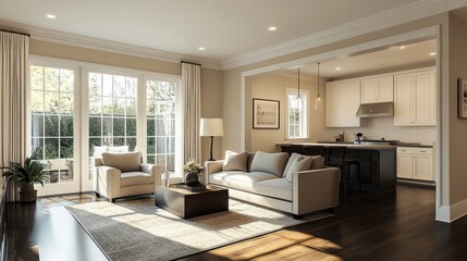 Fototapeta premium a Typical American Living Room with Light Beige Walls, Dark Hardwood Flooring, Modern Furniture