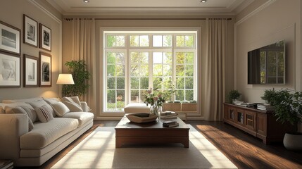 Fototapeta premium a Typical American Living Room with Light Beige Walls, Dark Hardwood Flooring, Modern Furniture