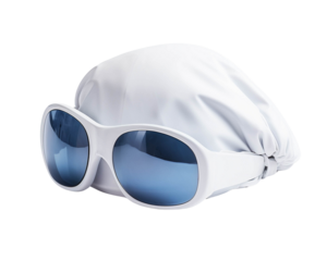 Stylish white swim cap with blue tinted sunglasses, perfect for a day at the pool or beach. Ideal for summer activities.