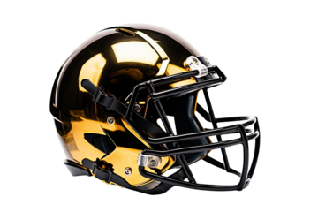 Shiny black and gold football helmet designed for safety and style, perfect for sports photography or promotional material.
