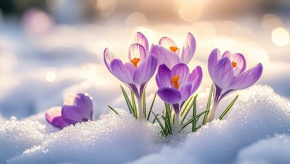 A photo of purple crocuses emerging from the snow