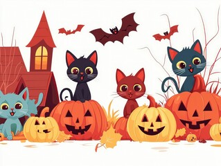 Cartoon Halloween scene with playful cats and pumpkins on a white background.