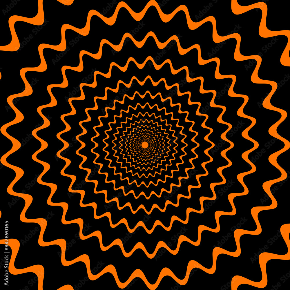 Poster Psychedelic hypnotic Halloween spiral pattern. Mesmerizing vector background with black and orange wavy lines gradually narrow towards the center dot, creating visual illusion and movement effect