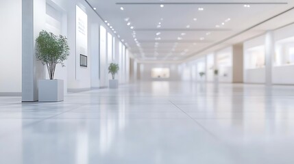 Fototapeta premium Spacious Contemporary Exhibition Hall with Smooth Flooring, Blurred Signage, and Minimalist Lines