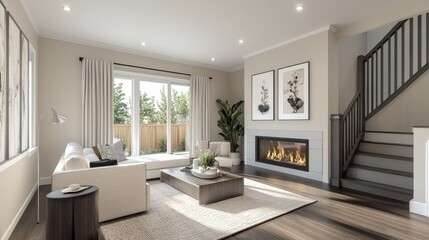 a Typical American Living Room with Light Beige Walls, Dark Hardwood Flooring, Modern Furniture