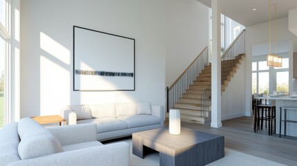 Fototapeta premium a Typical American Living Room with Light Beige Walls, Dark Hardwood Flooring, Modern Furniture