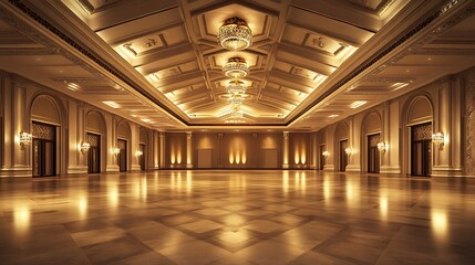 Elegant Empty Event Hall with a Vast Floor Plan, Subtle Lighting Accents, and Ornate Ceiling Designs