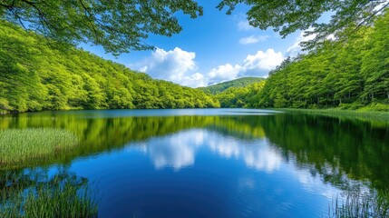 Obraz premium A serene lake surrounded by lush green forests, reflecting the sky with ample space for text above. Ideal for nature, relaxation, or eco
