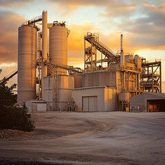 Obraz premium A cement plant with silos and production equipment.