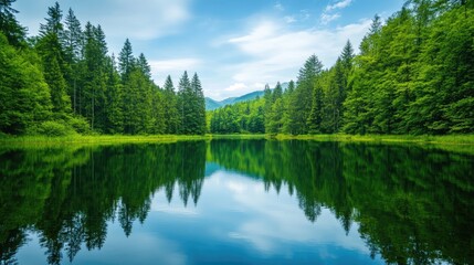 Fototapeta premium A serene lake surrounded by lush green forests, reflecting the sky with ample space for text above. Ideal for nature, relaxation, or eco