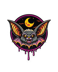 Cartoon bat with large ears, fangs, and a dripping x shaped design.