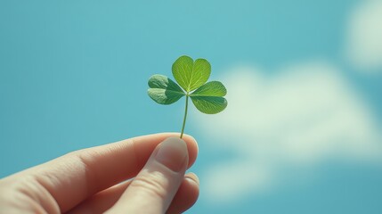 Woman holding green four leaf clover in hand and cloud blue sky background,Patricks day watercolor clipart,Spring flower pattern,Many shamrock plants,the Irish happy background,space for text.