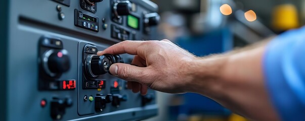Close-up of engineer's hands, adjusting turbine controls, wind farm in background, soft evening light, focused detail, mechanical precision