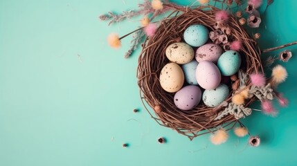 a bird's nest filled with eggs on top of a blue surface