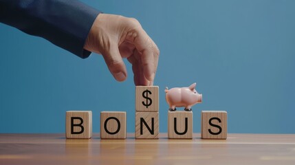 Hand put dollar sign on bonus cube wooden block for benefit and annual allowance concept.