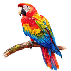 Fototapeta premium A realistic high-resolution photo of a vibrant parrot perched on a branch, depicted in watercolor clipart style. The parrot's feathers are illustrated with a range of bright colors, creating a vivid