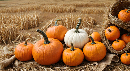 Pumpkins on a farm haystack in autumn