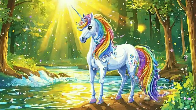 A unicorn with a rainbow mane standing by a sparkling river in the forest