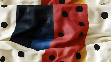A colorful piece of cloth with black dots on it. The cloth is made up of different colors and has a unique design