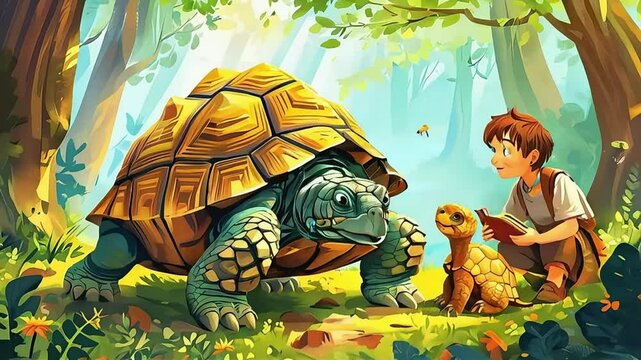 A wise old tortoise sharing stories of ancient forest legends with young animals