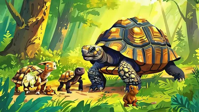 A wise old tortoise leading a group of young tortoises on a forest adventure