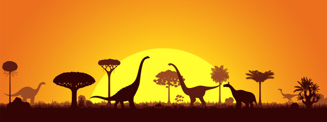 Sunset landscape, prehistoric dinosaur silhouettes. Vector background with sauropod and bipedal terrain dino species shadows roam amid ancient trees and plants in front of large sun in orange dusk sky © Vector Tradition