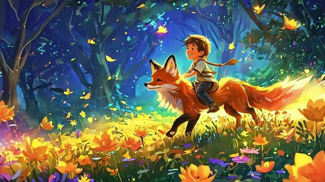 A young boy riding a magical fox through a field of glowing flowers