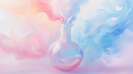 A glass vase with a blue and pink swirls on it. The swirls are in the shape of smoke coming out of the vase