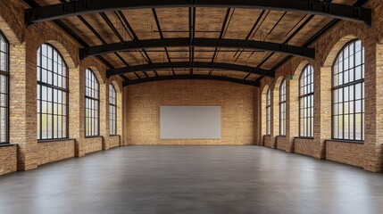 Empty industrial room with brick walls and high ceilings, photorealistic rendering