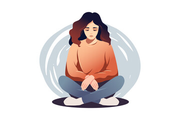 Concept emotional burnout or mental disorder. Tired woman sitting and thinking over problems. Vector flat