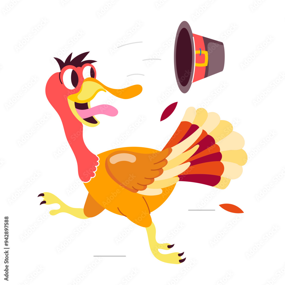 Poster Comic style sticker of turkey playing with thanksgiving hat 

